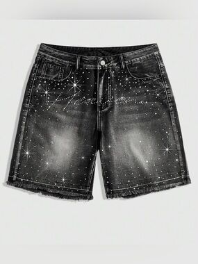 ROMWE Black Rhinestone Starburst Denim Shorts